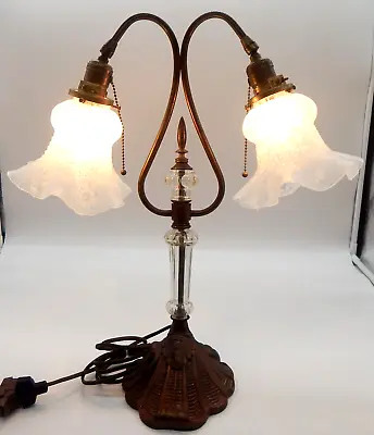 VTG Leviton Boudoir Faceted Glass Double Frosted Ruffled Gooseneck Brass Lamp • $250