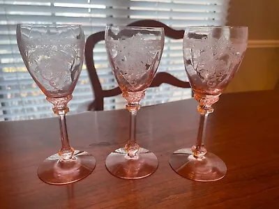 Three (3) Flamingo Pink Heisey EMPRESS Etch 3-oz. Wine Glasses  1928-1937 • $65