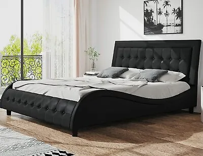 King Size Wave-Like Deluxe Upholstered Bed Frame With Adjustable HeadboardBlack • $408.99