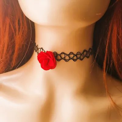 Tattoo Choker Stretch Black Necklace Retro 90s Vintage Elastic Gothic Red Rose • £3.59