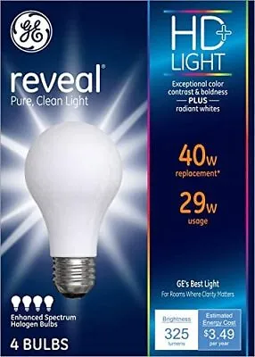 GE Reveal HD+ Bulb 29W / 40W Replacement A19 Halgen 325 Lumen Warm - 4 Pack • $10.49