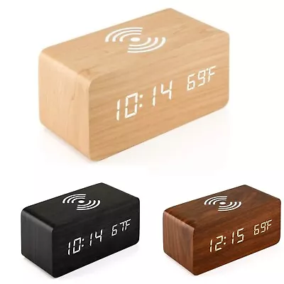 Digital Alarm Clock Wooden Table Desk Bedside LED Clock With Wireless Charger AU • $29.99