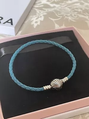 Pandora Moments Seashell Clasp Turquoise Braided Leather Bracelet Size 19cm • £35