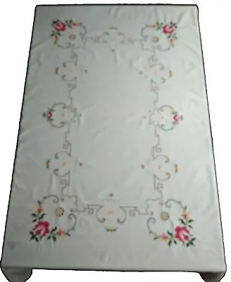 Vintage Embroidered Tablecloth Needlepoint Floral White Cottage Country 60 X 82 • $25