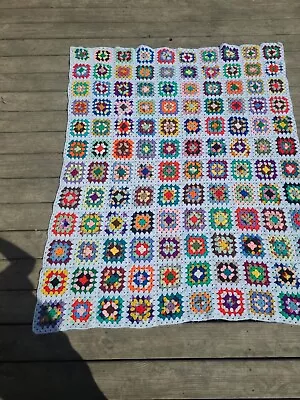 Granny Square Vintage Afghan Crocheted Throw Blanket 53 X65  Rosanne Multicolor • $45