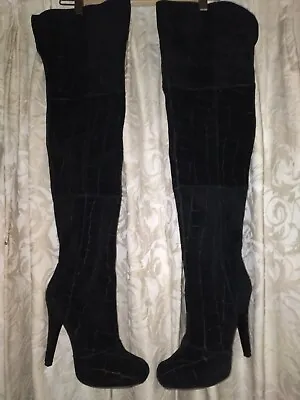 Vtg 80s Style Thigh Over Knee REPORT SIGNATURE Suede Black Heel Platform Boot 8 • $70.44