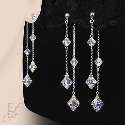 £24 • Buy Long 925 Sterling Silver Crystal AB Front & Back Double Drop Statement Earrings