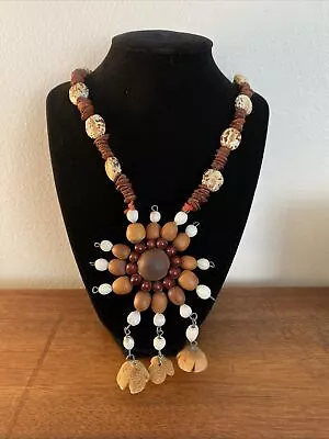 Vtg Handmade Beaded Nutshell Acorn Hippie Boho Necklace Statement Chunky! • $28