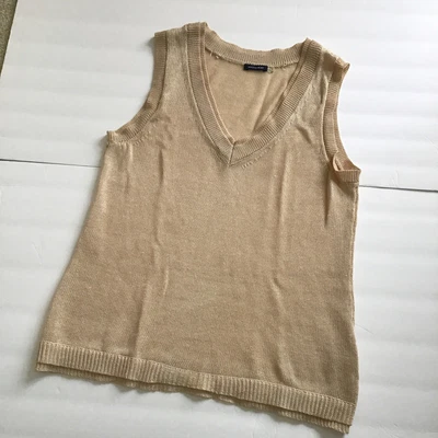 $33.33 • Buy Magaschoni Sleeveless V Neck Knit Sweater Vest Linen Blend Gold Beige Women’s S