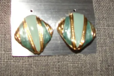 Vintage Kenneth Jay Lane Couture Collection Teal And Gold Tone Clip Earrings • $39.99