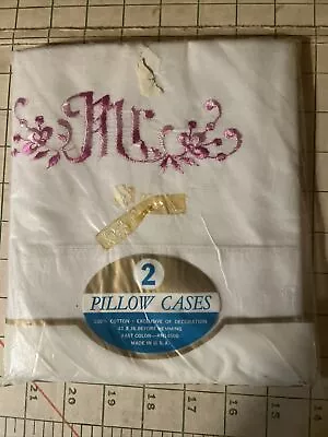 Vintage Pair Mr & Mrs Pillow Cases Cotton 41x36 Made USA White NEW Embroidered • £19.27