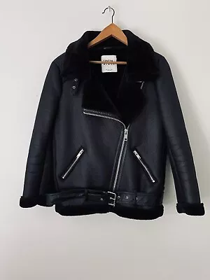 ZARA Black Faux Leather Shearling Double Faced Biker Jacket Coat Size S • $99