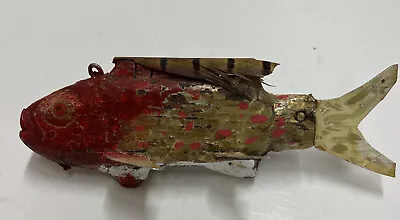 Vintage Handmade Fishing Lure Folk Art Wood Carved Tin Feather 6.5”Long Red Gold • $45