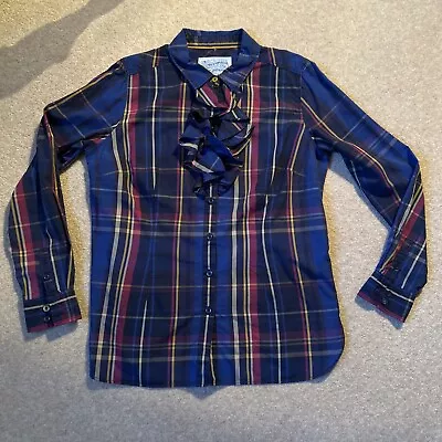 Ladies Joules UK 12-14 Blue Red Yellow Check Tartan Frill Trim Shirt 100% Cotton • £9.99