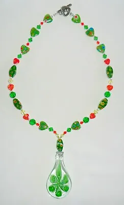 Vintage Green Flower Glass Pendant Made With Swarovski Crystals Necklace 18  • $12.99