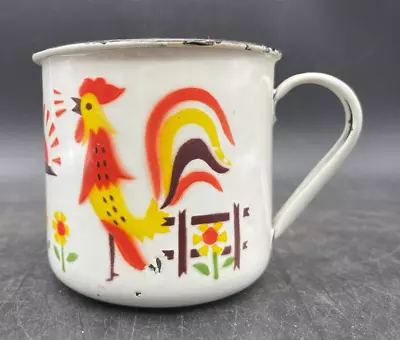 Vintage Enamelware Rooster Coffee Cup W/Handle Metal Sunrise • $12.99