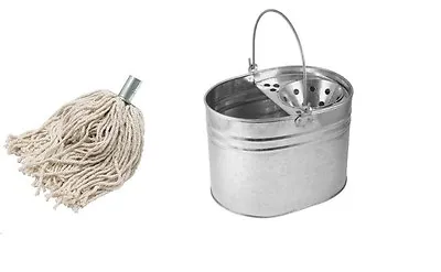 Galvanized Mop Bucket Metal 14 LTR Cotton Floor Mop Head Strong High Quality New • £13.95