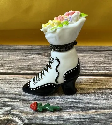 Victorian Shoe With Flowers Porcelain Hinged Trinket Box With Mini Rose • $25