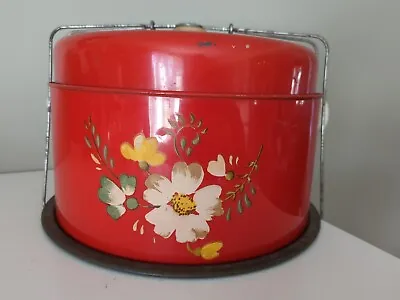 Vintage Cake Pie Carrier Tin Metal Red Tole Floral Two Tier Farmhouse Kitchen  • $29.95