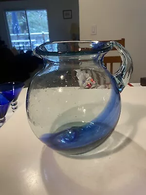 Mexican Glass Pitcher Hand Blown With Cobalt Blue Spiral Swirl 8” Unique • $29.99