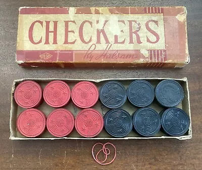 Vintage Wood Checkers By Halsam 24 Pieces Black/Red In Original Box USA 1 Dragon • $17.97