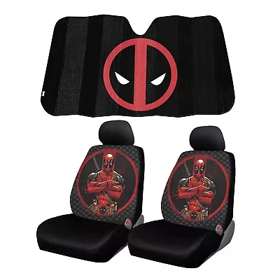 New MARVEL DEADPOOL Car Truck Front Seat Covers Headrest Covers & Sunshade Set • $69.96
