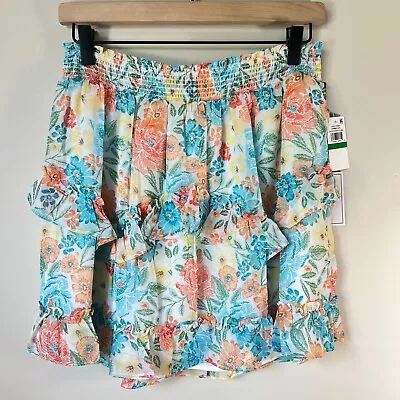 1 State Women’s Blue & White Floral Print Mid Rise Ruffle Elastic Waist Skirt L • $17