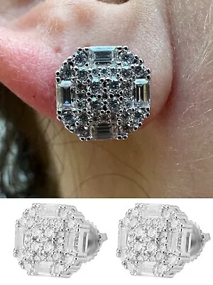 Screwback Earrings 10mm Real 925 Silver CZ Baguette Iced Big Mens Studs Hip Hop • $36.31