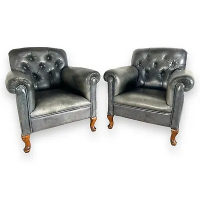 Pair Of Antique Early 20th Century Blue Leather Club Armchair Button Back Chairs • £695