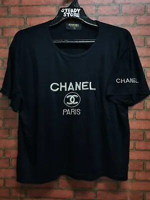 Vintage Chanel Boutique Big Gold Logo Black Tops T Shirt Rayon Cotton L/xl • $375