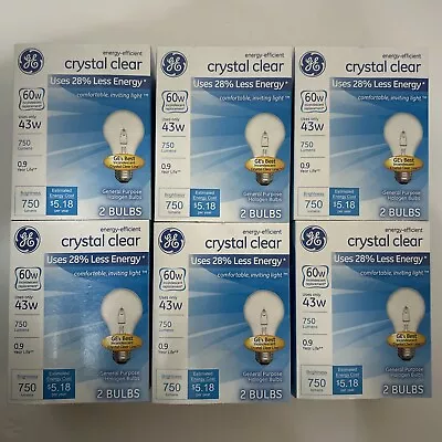 GE 60-WATT Light Bulbs Crystal Clear 750 Lumens Dimmable Classic 12 Bulbs 6 Pack • $39.99