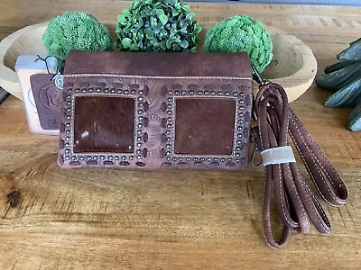 PG COLLECTION Cowhide Hair Clutch Crossbody Brown PU Leather Travel Purse NWT • $35