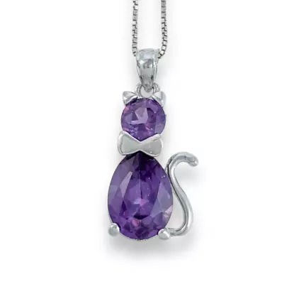 Vintage Sterling Silver 925 Purple Pink Sapphire Cat Pendant Necklace 18  • $31.20