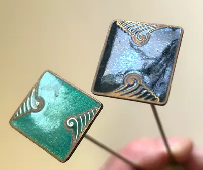 Antique Art Deco Enameled HAT PINS On Copper 8 1/2  Long  Black And Green • $28.99