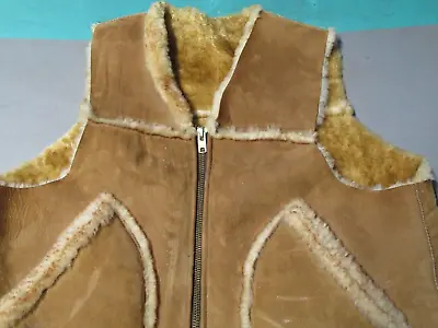 VTG Brown Shearling Wool Leather Suede Full Zip Vest Men's Size 50 Lenzip Zipper • $99.99