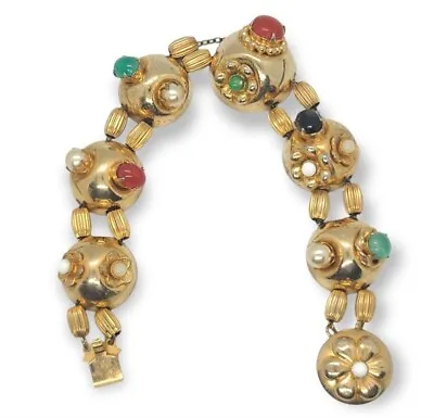 Vintage Gold Tone Etruscan Slide Bracelet Prong Set Cabochon Victorian Revival • $60