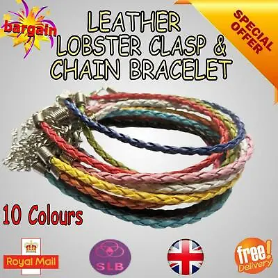 Braided Leather Bracelet Friendship Rope Chain Cord Clasp & Chain 10 Colours • £2.99