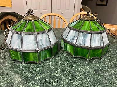 Pair Matching Two Stain Glass Swag Shade Hanging Lamps Yellow Green 9 X 12. • $139.99