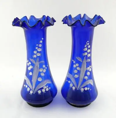 Pair Of Mary Gregory Styled Hand Painted White On Blue Lily Of The Valley Vases • $120.88