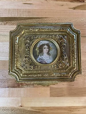 Antique Gilt Metal Dresser Jewelry Box Miniature Portrait Painting. French? • $58.99