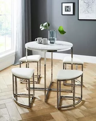 4 Seater Space Saving Dining Set Marble Effect Table & Faux Leather Seats • £179.99