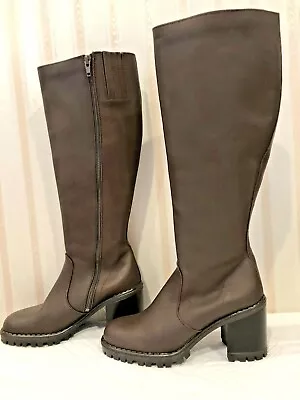 Graphique Vntg New Brown Boots Knee-high High Heel Lug Sole Sz 5.5 Made In Italy • $50