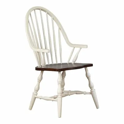 Sunset Trading Andrews 18  Windsor Wood Dining Arms Chair In White/Chestnut • $360.62