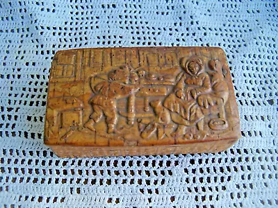 ANTIQUE VINTAGE WOODEN HAND CARVED TRINKET BOX Stamps Boy Cat Lady  FOLK ART • $29.99