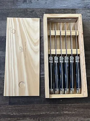 Wolfgang Puck 6pc 4.5  Steel Black Steak Knife Set Wood Storage Box Knives • $17.99