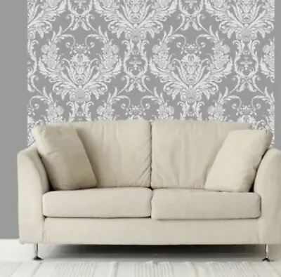 £8.99 • Buy Debona Damask Medina Flock Effect Silver White Luxury Feature Wallpaper 4001