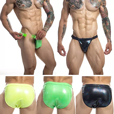 Men Buckle Swimwear Sexy Underwear Briefs Wetlook Swim Bikini Laser Faux Leather • $8.99