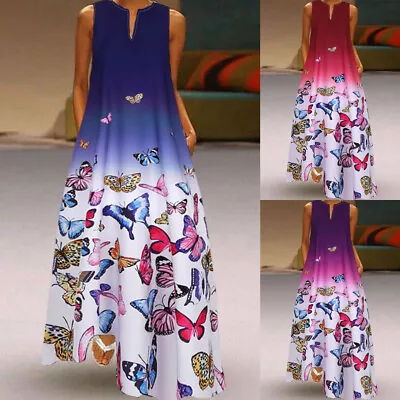 Womens Plus Size Butterfly Print Daily Sleeveless Vintage Boho V Neck Maxi Dress • $34.82