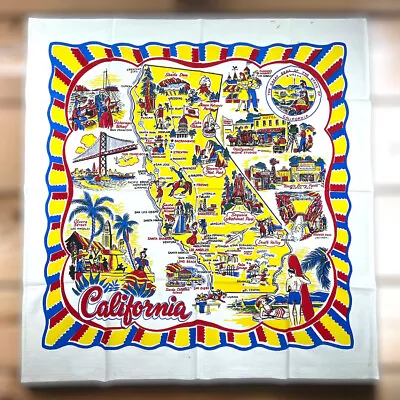 CALIFORNIA Souvenir Tablecloth Vintage Cactus Cloth Hand Printed Bright Colors • $38.89