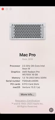 2019 Mac Pro 2.5 GHz 28-Core Intel Xeon W! 1.5 TB Ram 8 TB Hard Drive. • $3050